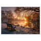 Frosted park lake at winter sunrise with an empty bench on the bank, print in a white frame
