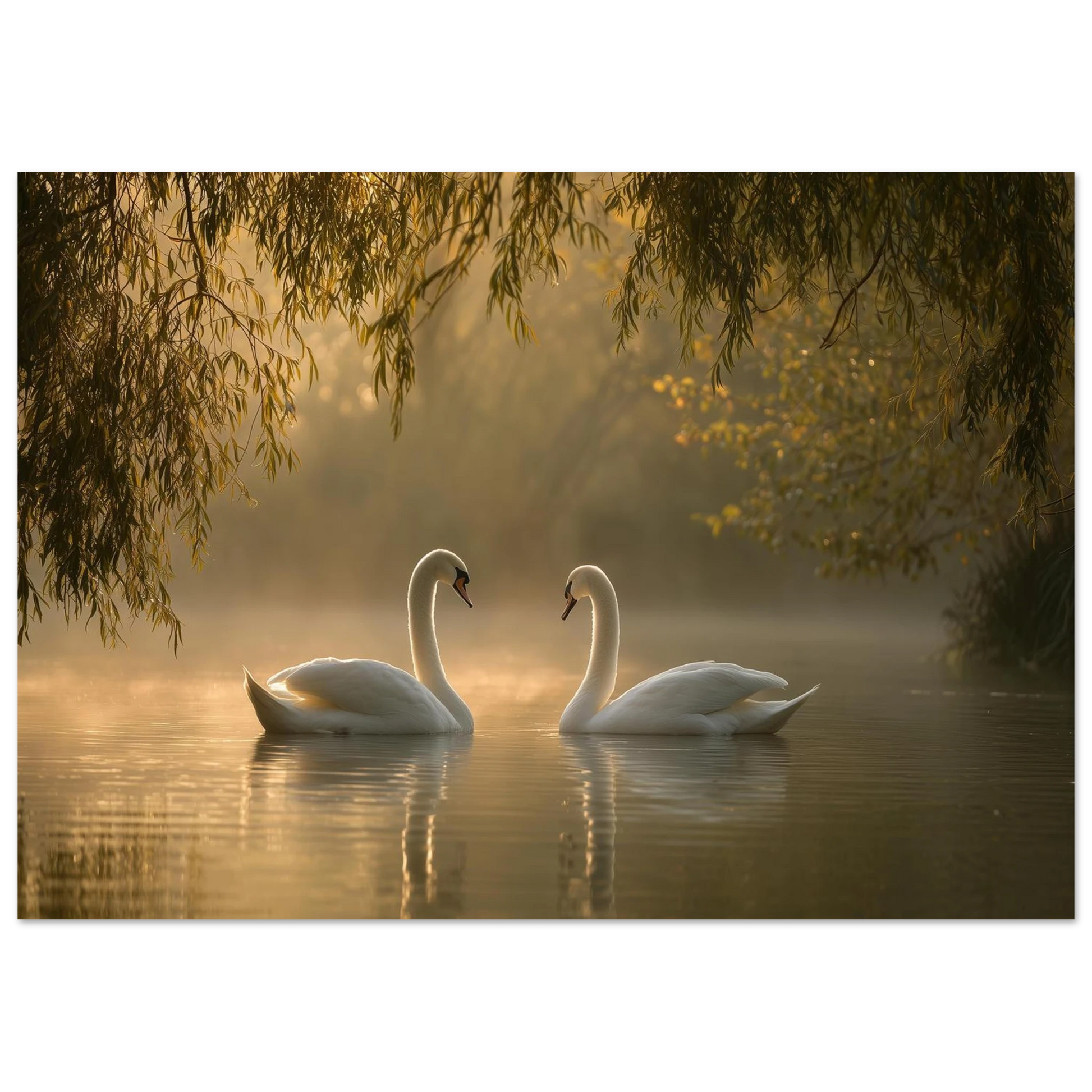 Two mute swans facing each other on a misty lake in golden morning light, unframed print