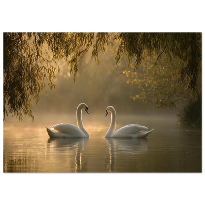 Two mute swans facing each other on a misty lake in golden morning light, unframed print