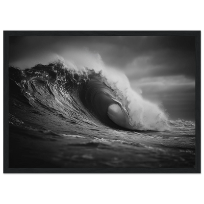 Monochrome wave with spray off the crest, print in a slim dark frame