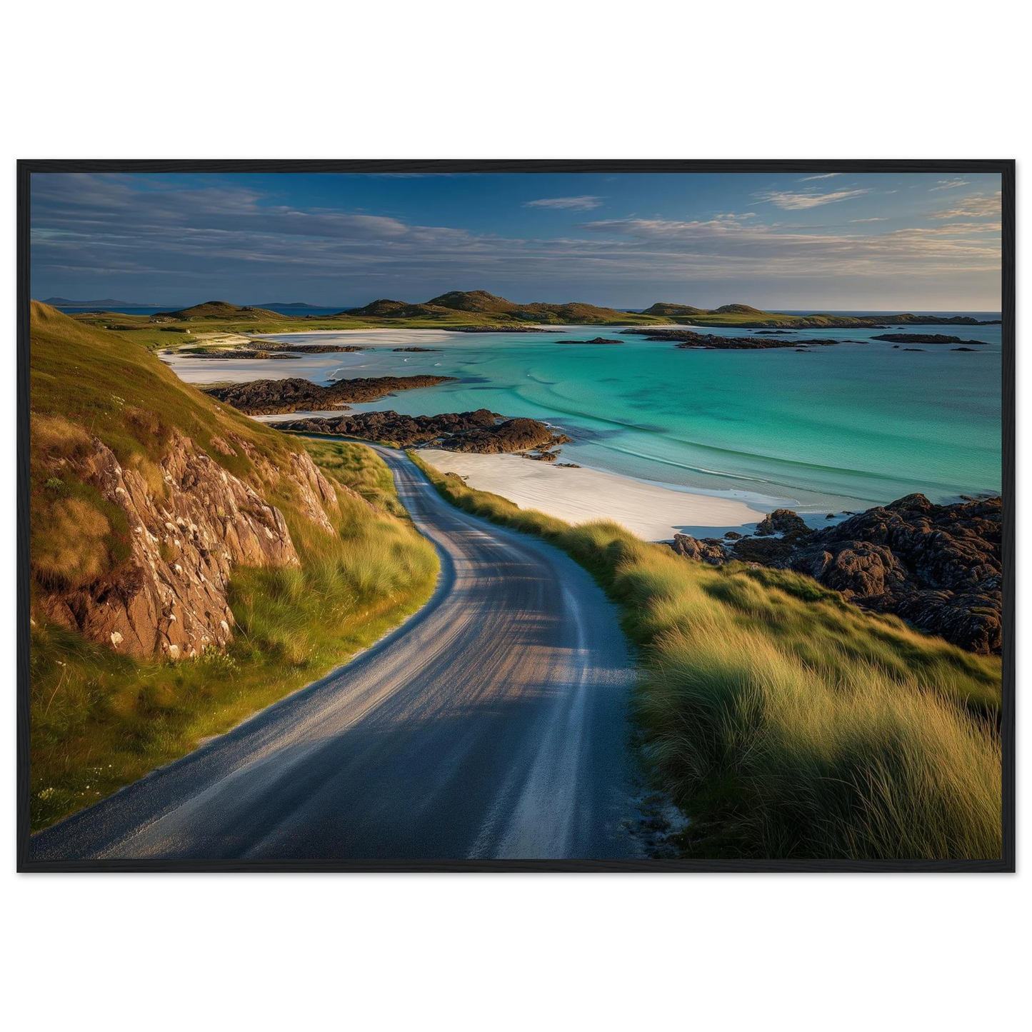 Turquoise sea and white sand beyond a coastal road, framed in charcoal