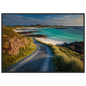 Turquoise sea and white sand beyond a coastal road, framed in charcoal