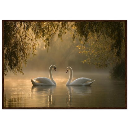 Two mute swans facing each other on a misty lake in golden morning light, print in a dark brown wood frame