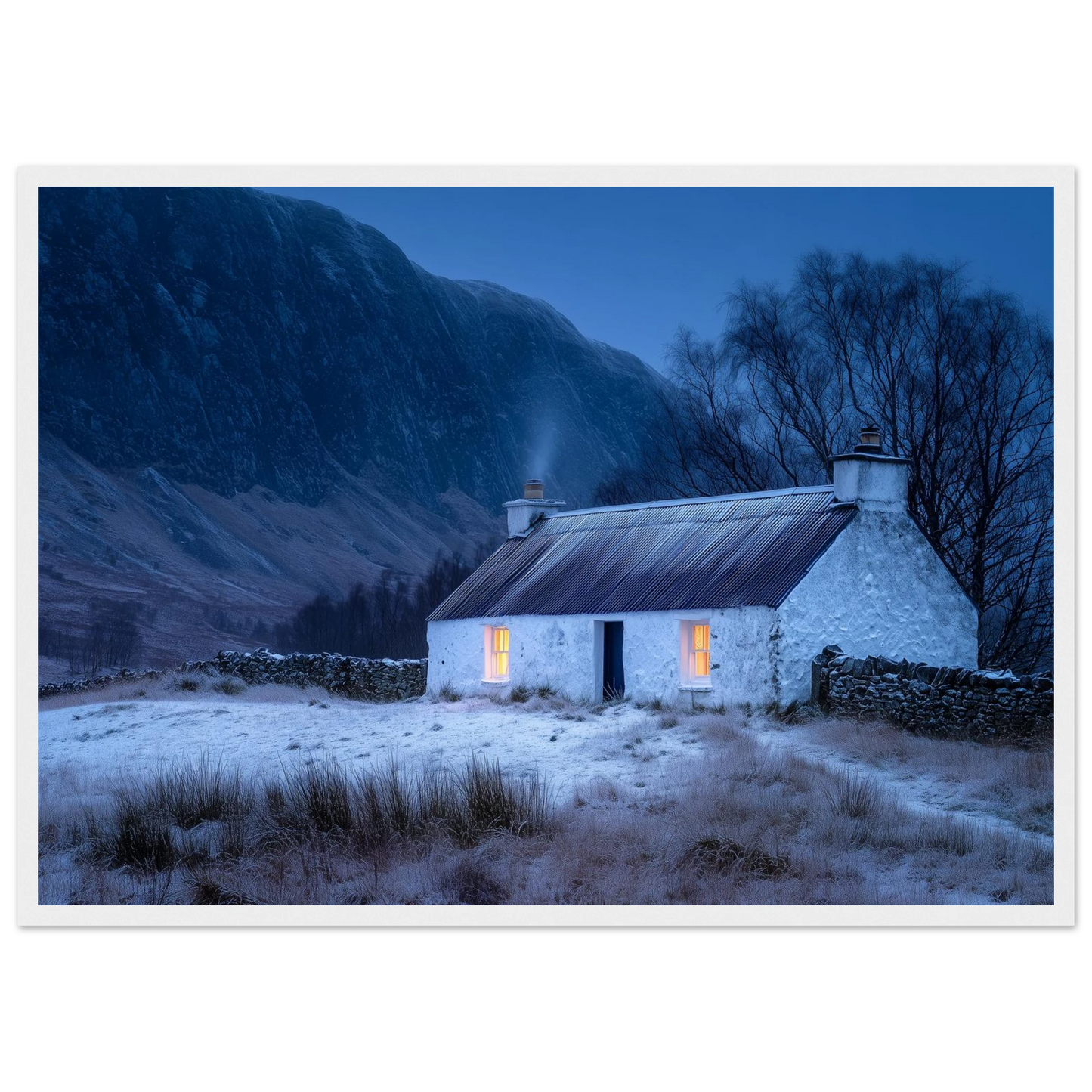 Highland croft in the snow, in a white frame with a slim mount