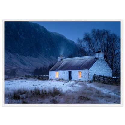 Highland croft in the snow, in a white frame with a slim mount