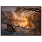 Frosted park lake at winter sunrise with an empty bench on the bank, print in a dark brown wood frame
