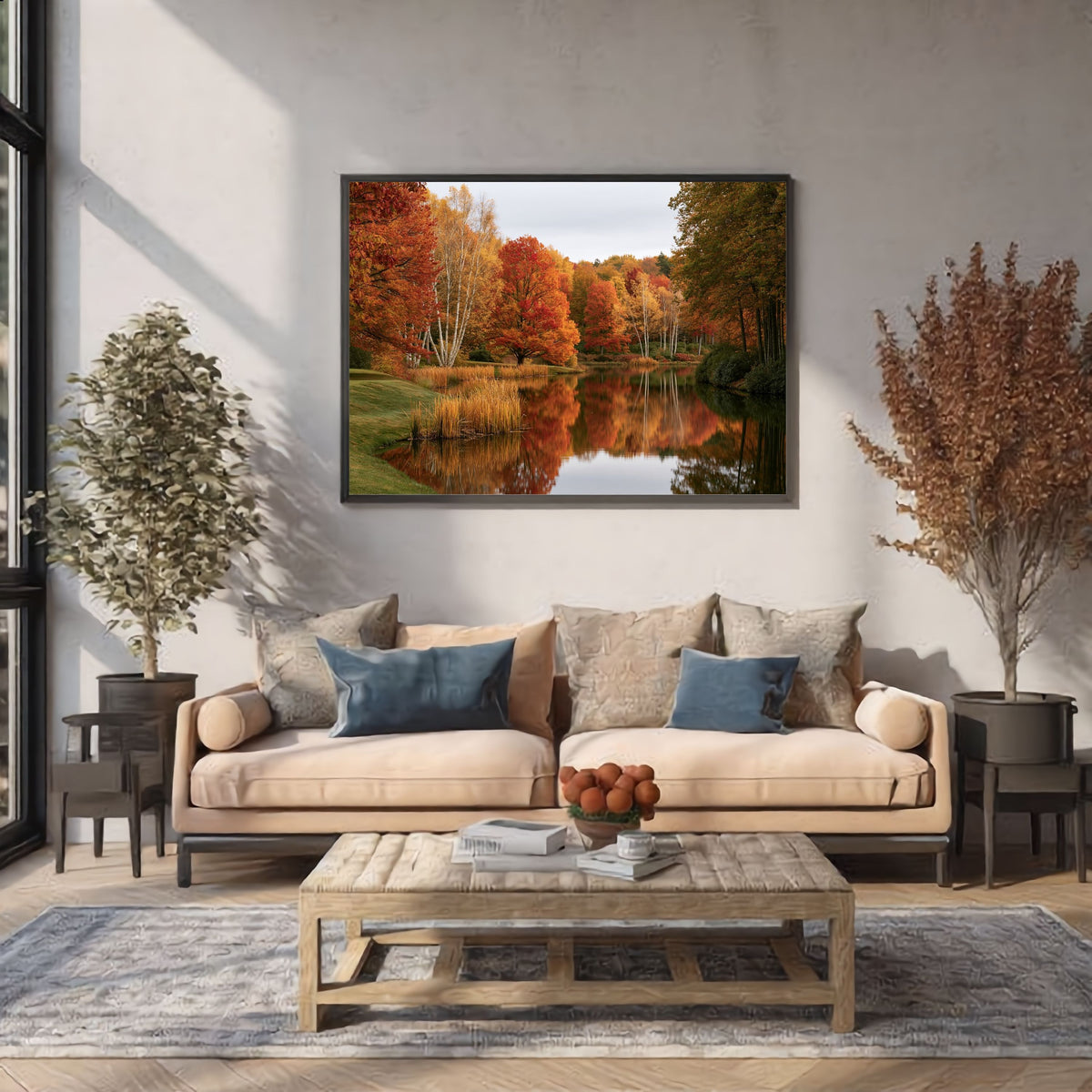 Autumn on the Lake, in a black frame above a cream sofa in a bright living room