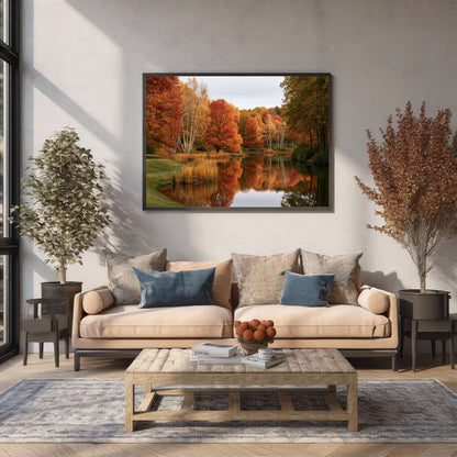 Autumn on the Lake, in a black frame above a cream sofa in a bright living room