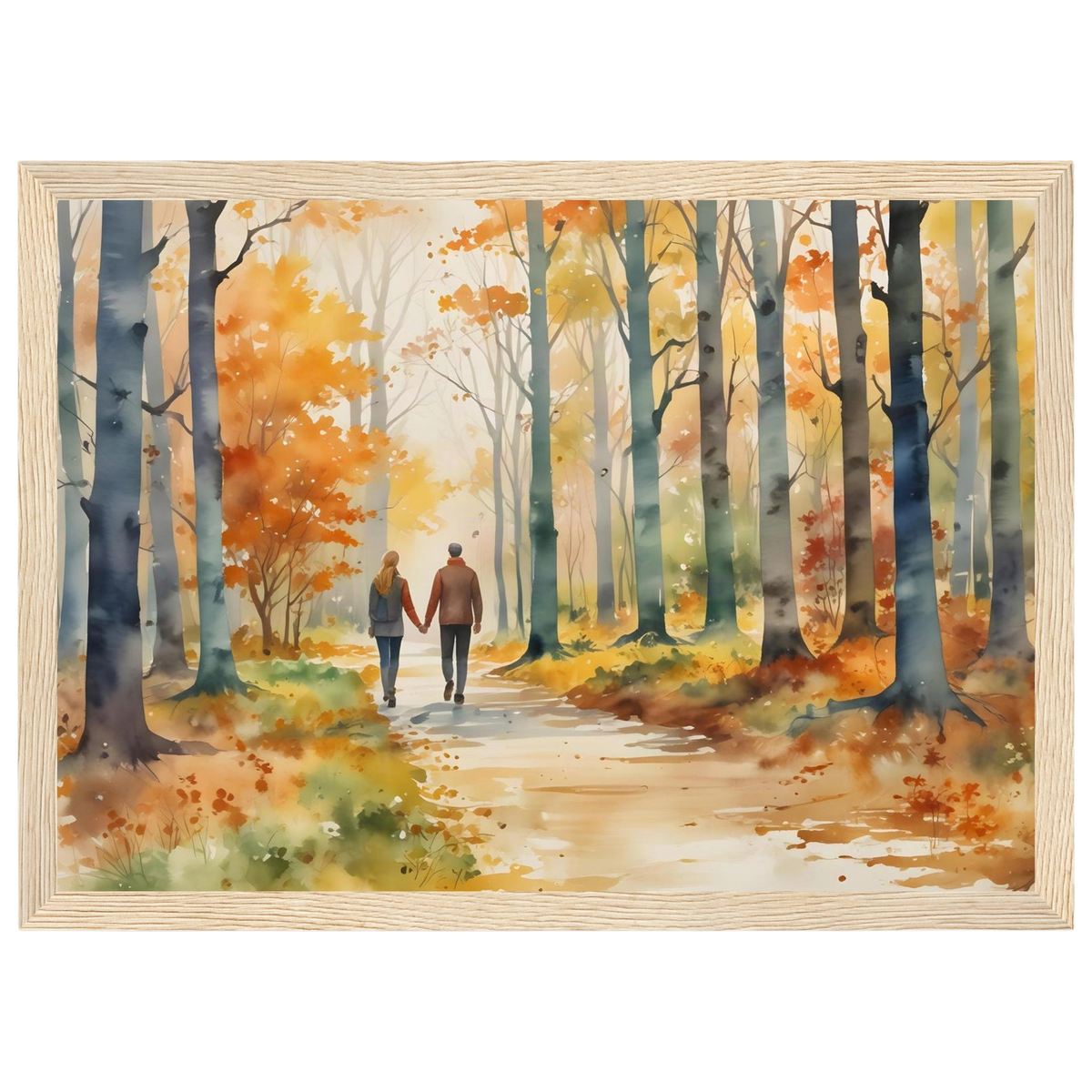 Autumn Walk for Two, print in a natural wood frame