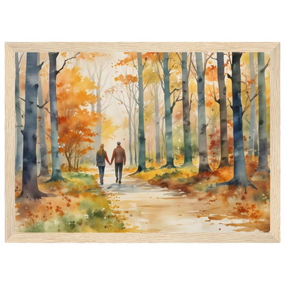 Autumn Walk for Two, print in a natural wood frame
