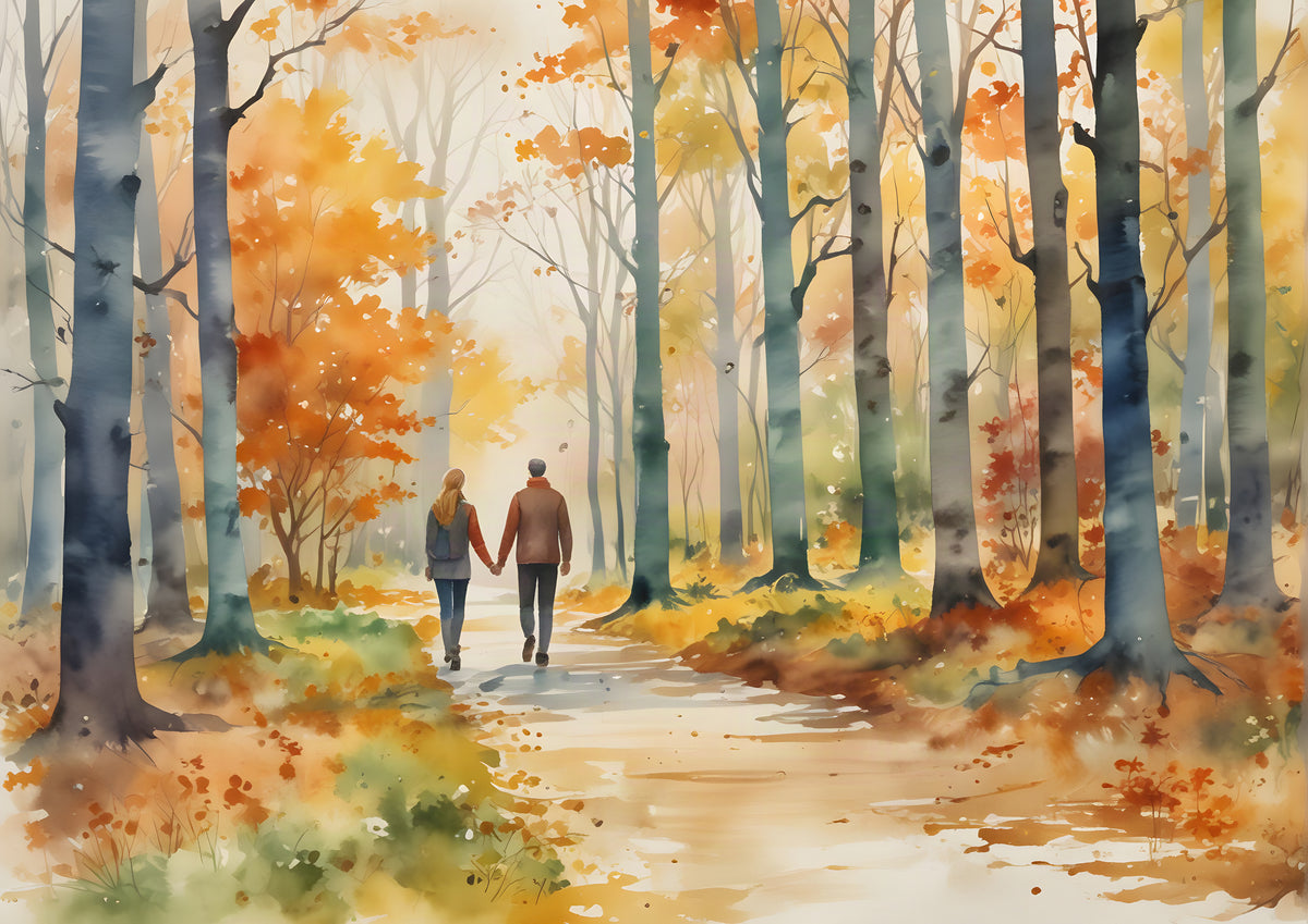 A couple walking hand in hand along a curving path through an autumn wood, in loose watercolour washes of copper, amber and gold between tall slate grey trunks