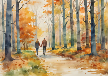 A couple walking hand in hand along a curving path through an autumn wood, in loose watercolour washes of copper, amber and gold between tall slate grey trunks