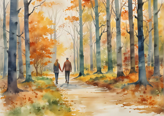 A couple walking hand in hand along a curving path through an autumn wood, in loose watercolour washes of copper, amber and gold between tall slate grey trunks