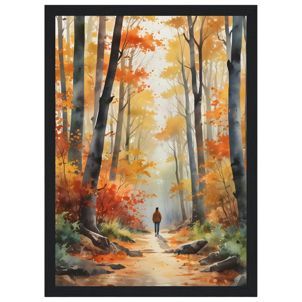 Autumn Woodland Path, print in a black frame