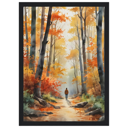 Autumn Woodland Path, print in a black frame