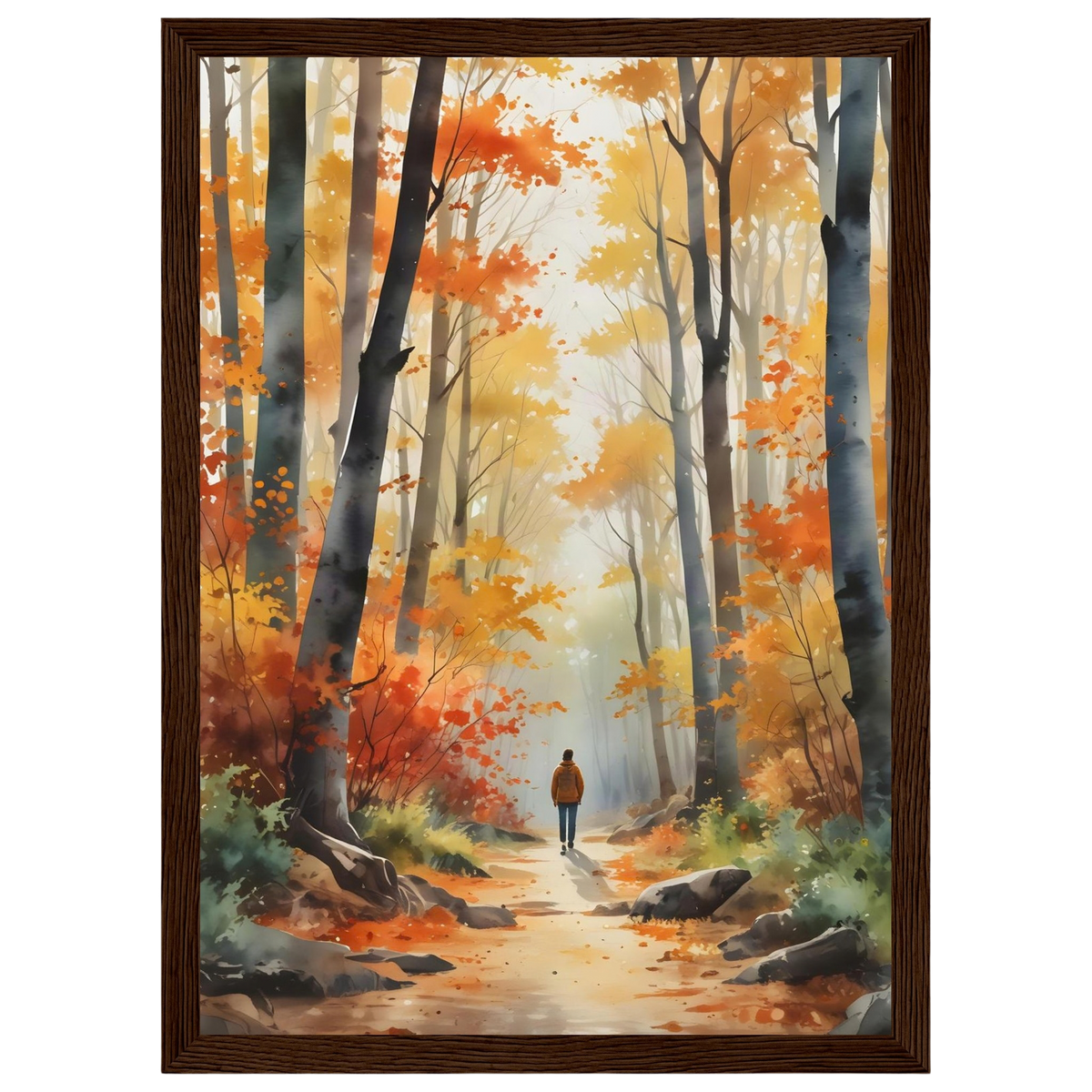Autumn Woodland Path, print in a dark wood frame