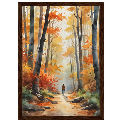 Autumn Woodland Path, print in a dark wood frame