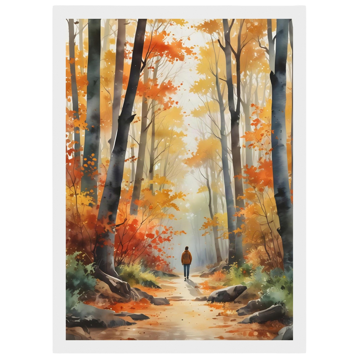 Autumn Woodland Path, print in a white frame