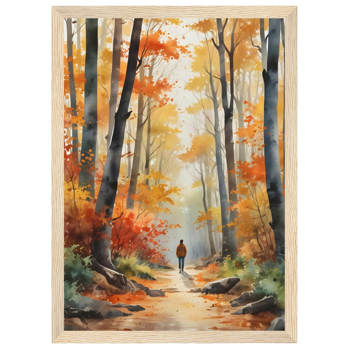 Autumn Woodland Path, print in a natural wood frame