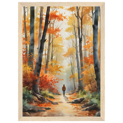 Autumn Woodland Path, print in a natural wood frame