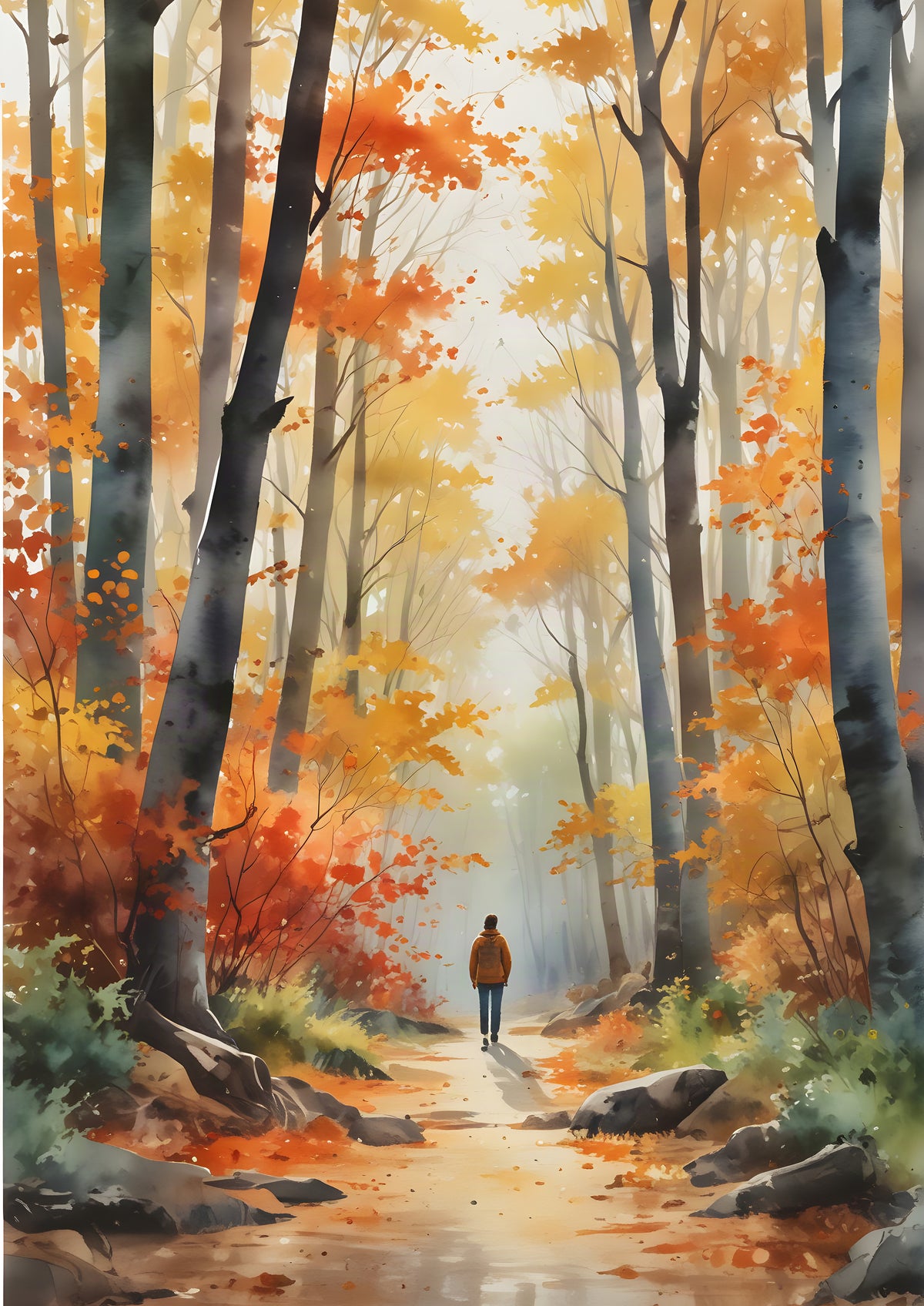 A lone walker in an orange coat on a woodland path through tall grey trunks, scarlet, orange and gold autumn leaves overhead, in loose watercolour washes