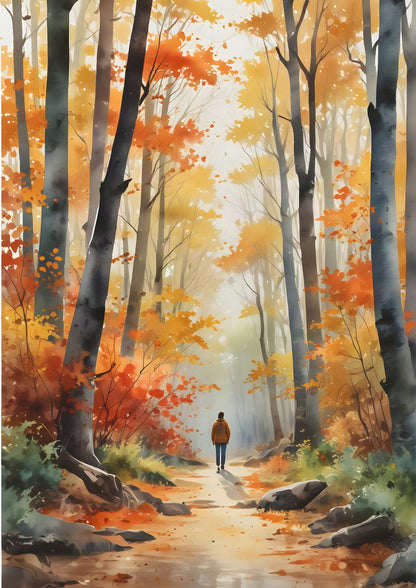 A lone walker in an orange coat on a woodland path through tall grey trunks, scarlet, orange and gold autumn leaves overhead, in loose watercolour washes