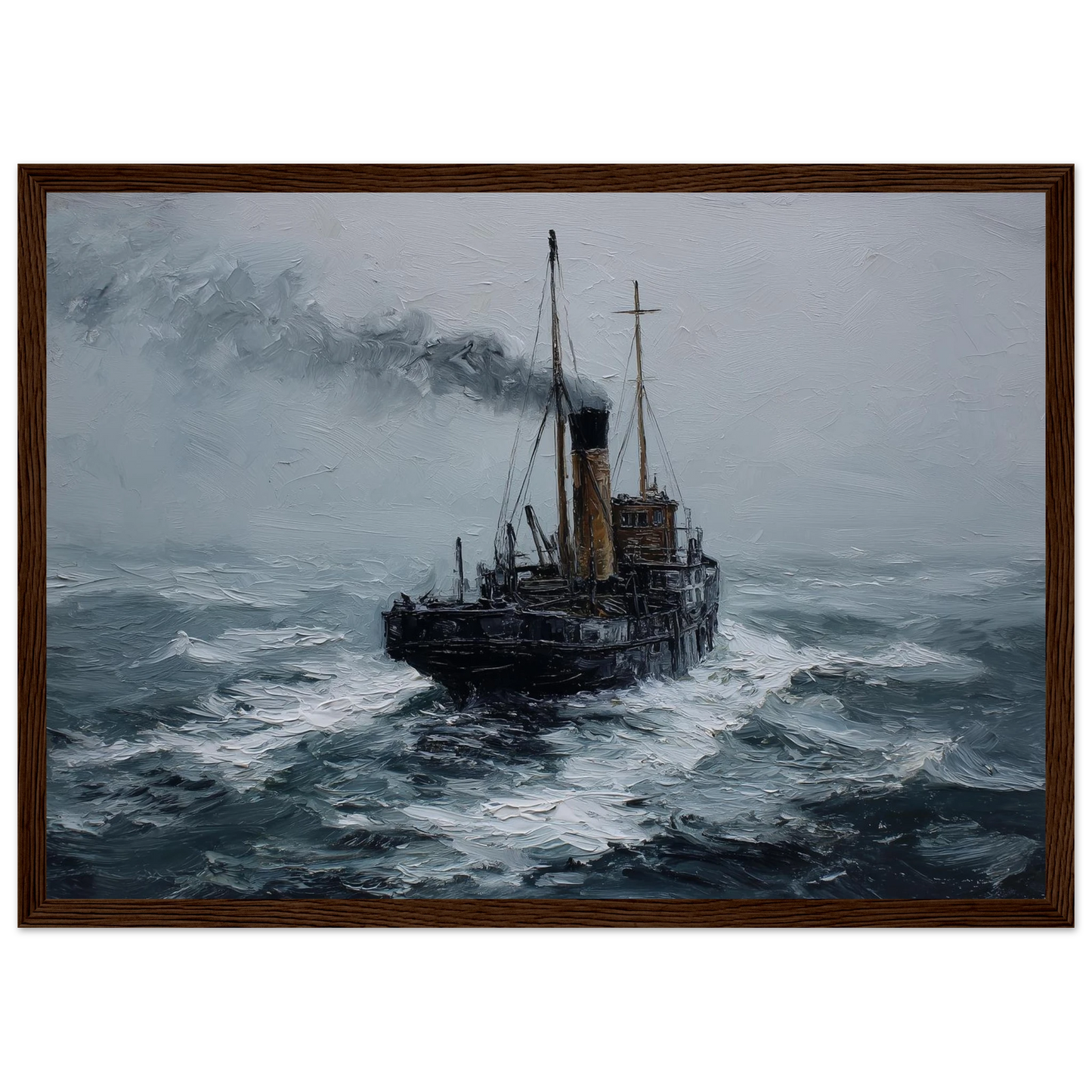 Maritime oil painting of a small steamer in rough sea, framed in dark brown wood