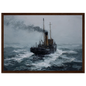Maritime oil painting of a small steamer in rough sea, framed in dark brown wood