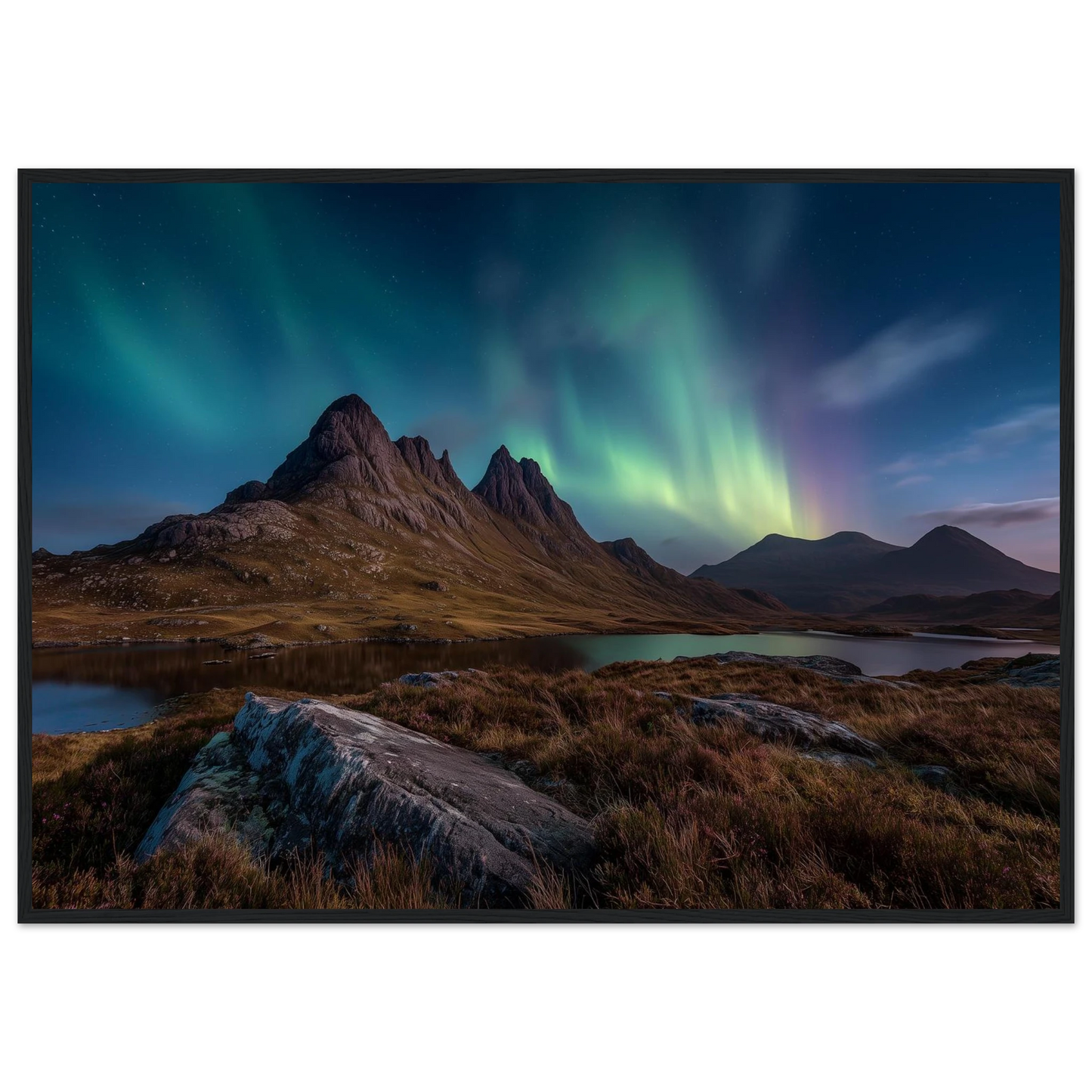 Northern lights above a Scottish mountain and loch, framed in dark grey
