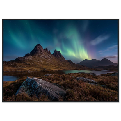 Northern lights above a Scottish mountain and loch, framed in dark grey