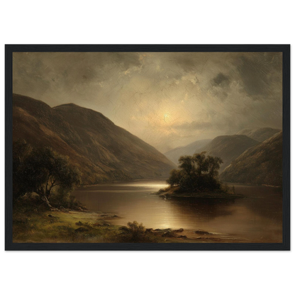 Moody moonlit glen and loch, framed in black with a mount
