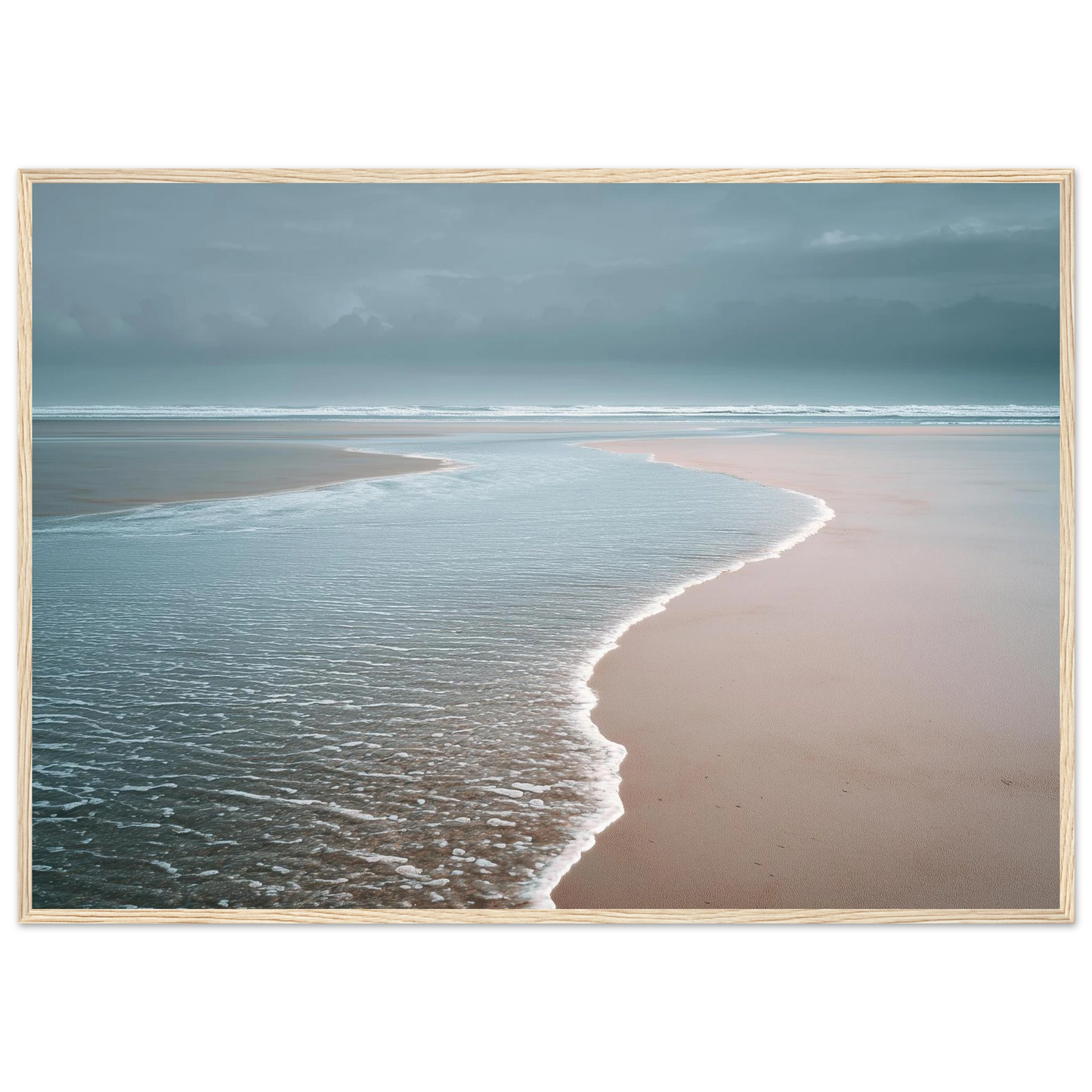 Quiet shoreline in muted neutral tones, framed in pale natural wood