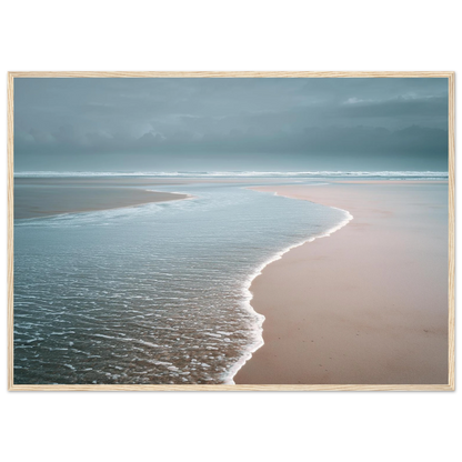 Quiet shoreline in muted neutral tones, framed in pale natural wood