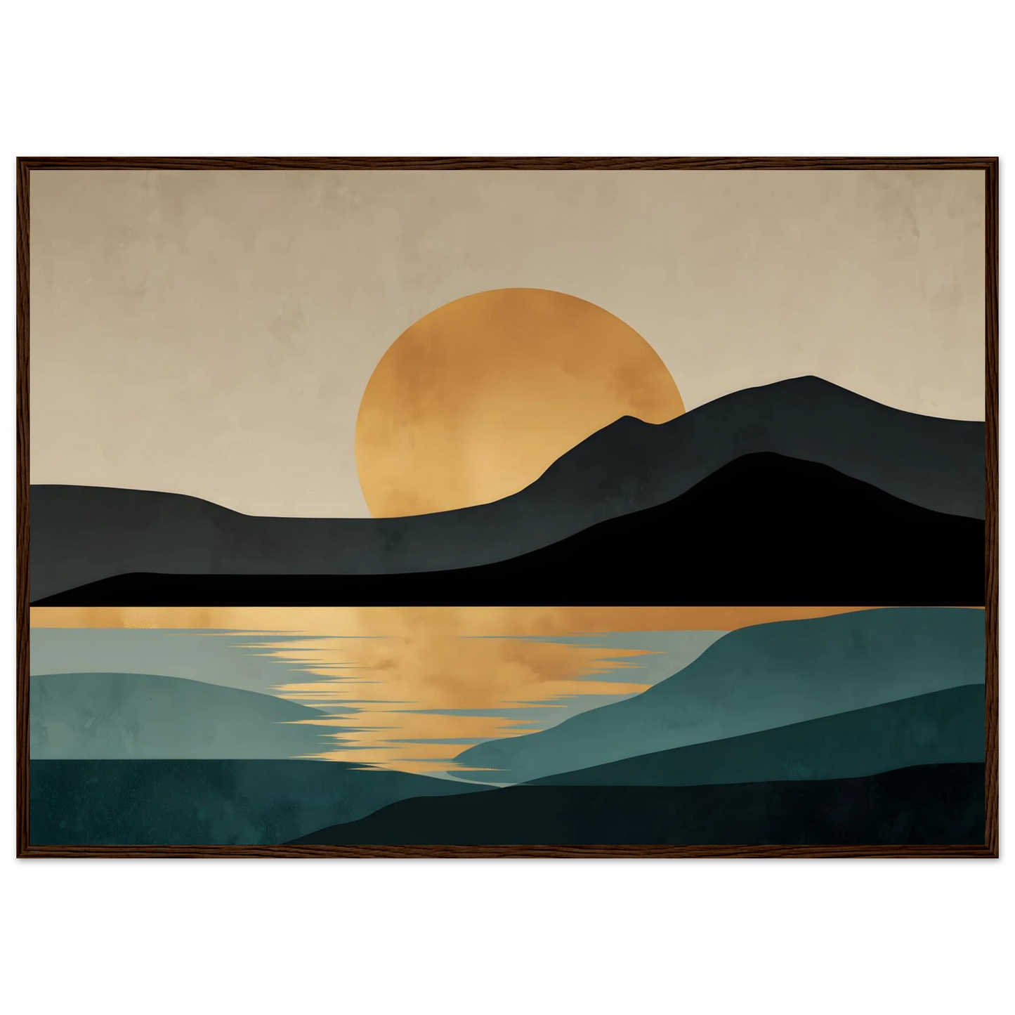 Minimalist gold sun landscape wall art in a black frame