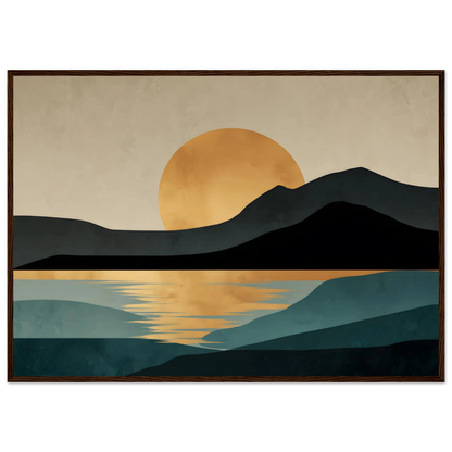 Minimalist gold sun landscape wall art in a black frame