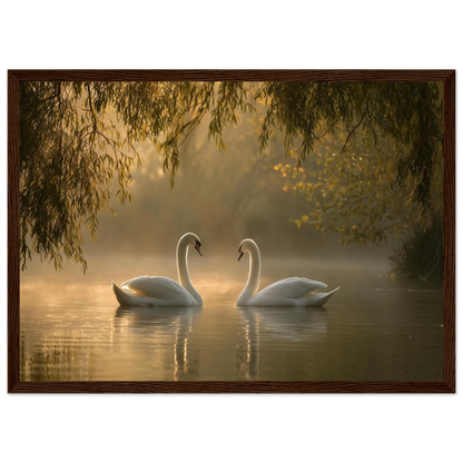 Two mute swans facing each other on a misty lake in golden morning light, print in a dark brown wood frame