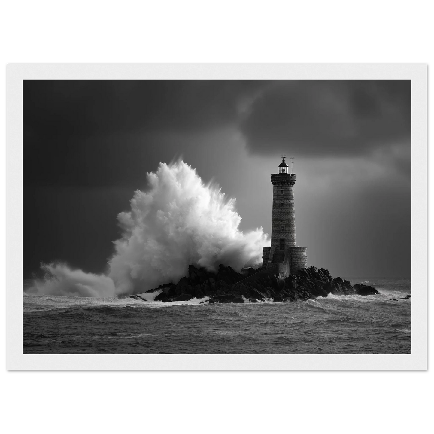 Monochrome lighthouse and storm spray, print in a white frame with a wide mount