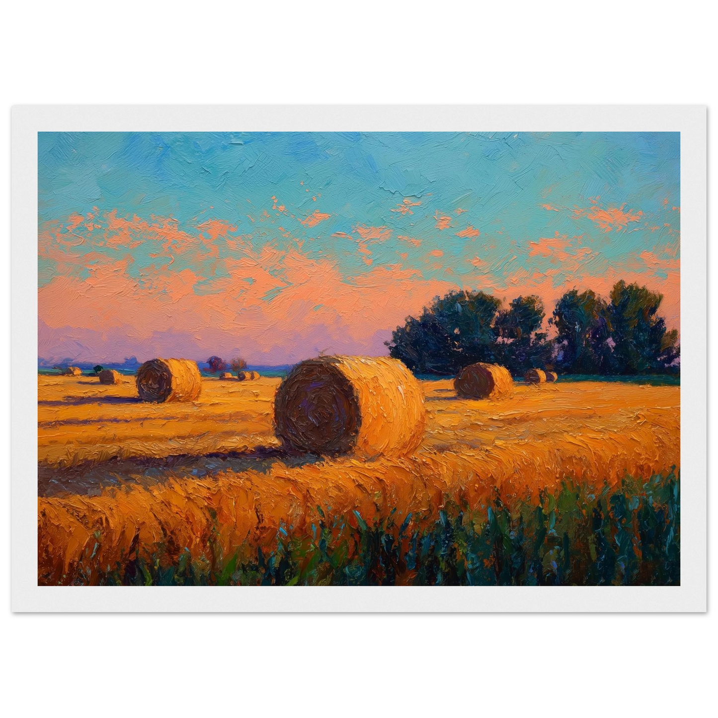 Hay bales and stubble at sunset, framed in white with a wide mount
