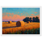 Hay bales and stubble at sunset, framed in white with a wide mount
