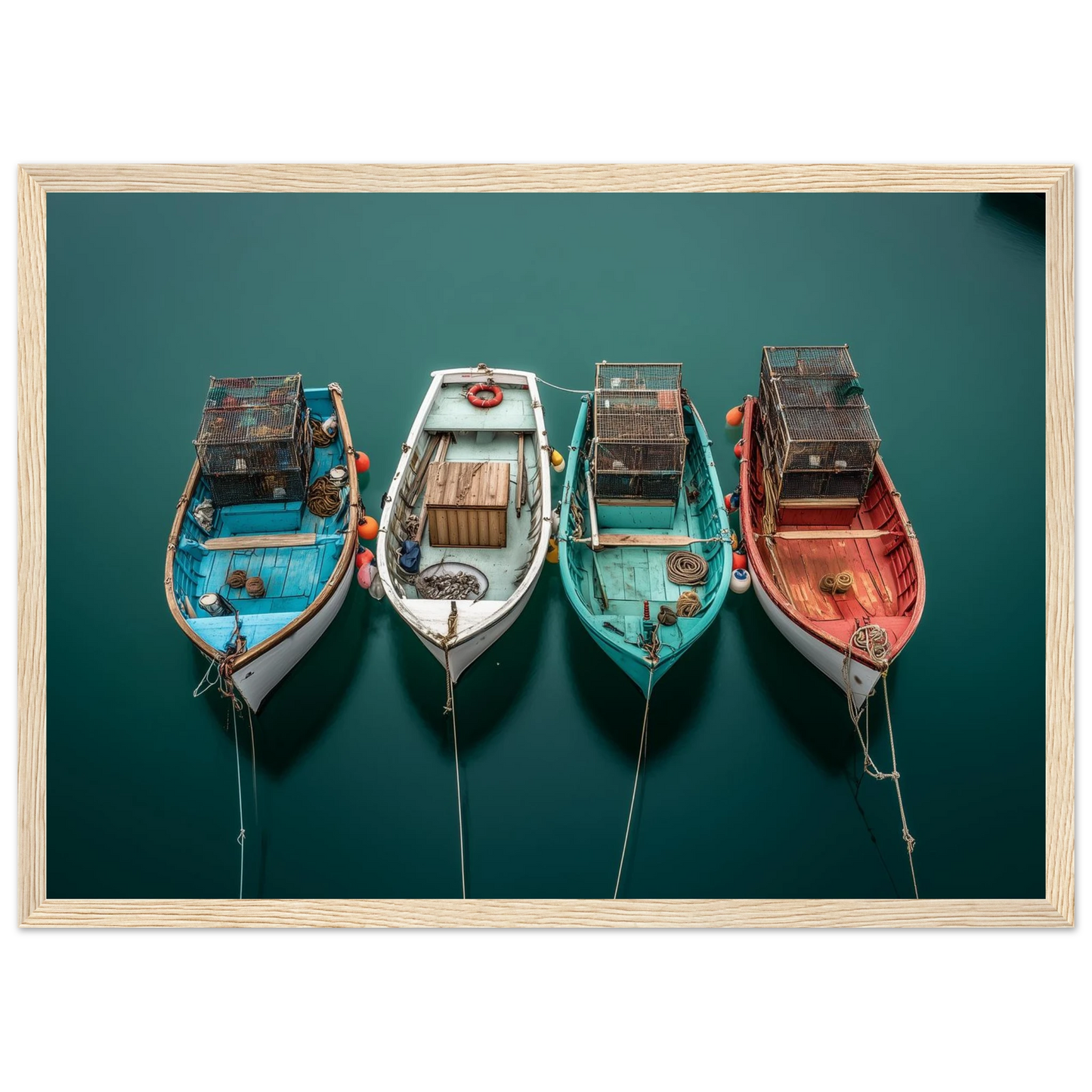 Four moored boats from above with coloured hulls, framed in pale oak