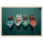 Four moored boats from above with coloured hulls, framed in pale oak