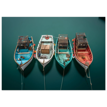 Moored fishing boats from above, print in a white frame
