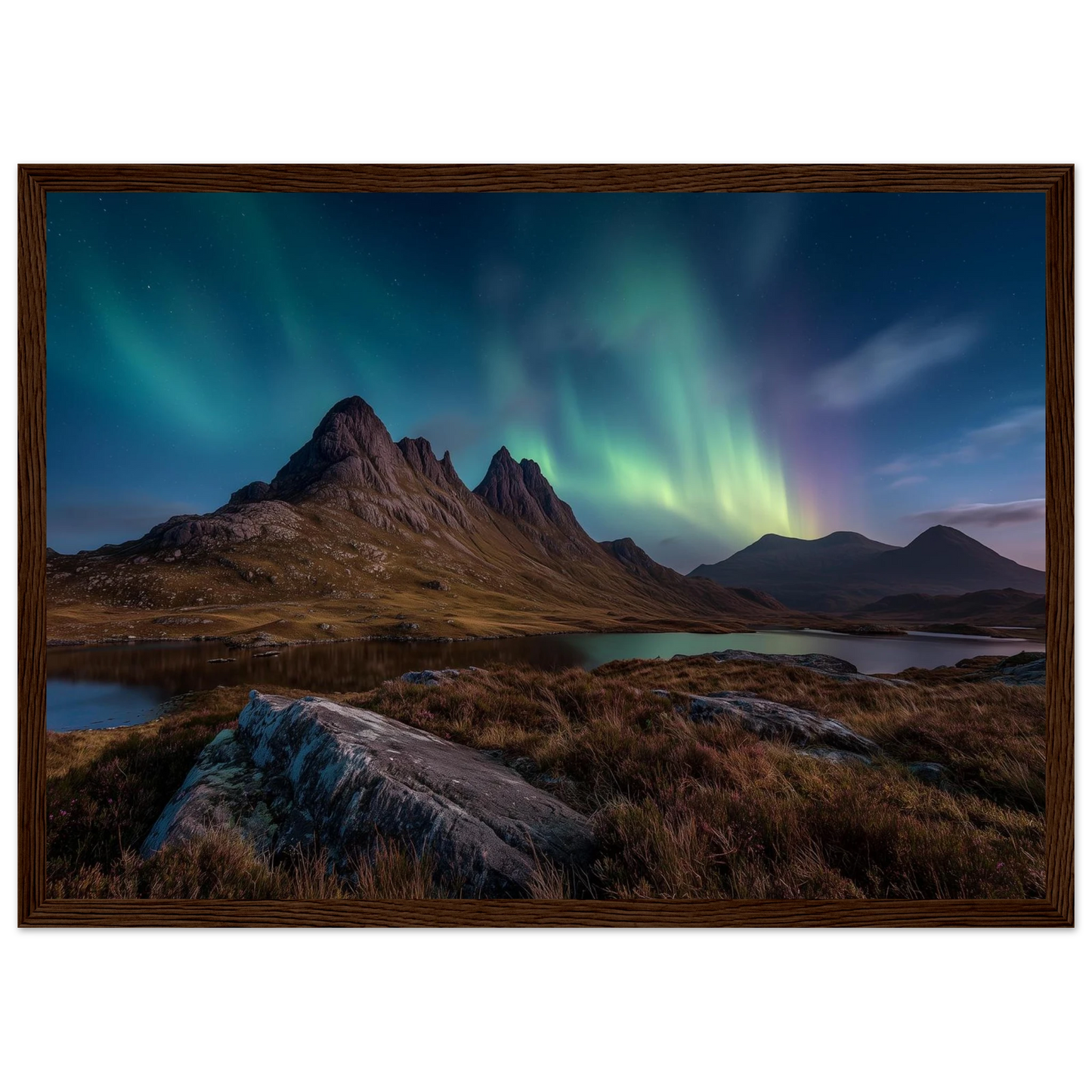 Aurora over a Highland loch with rocky foreground, framed in dark brown wood