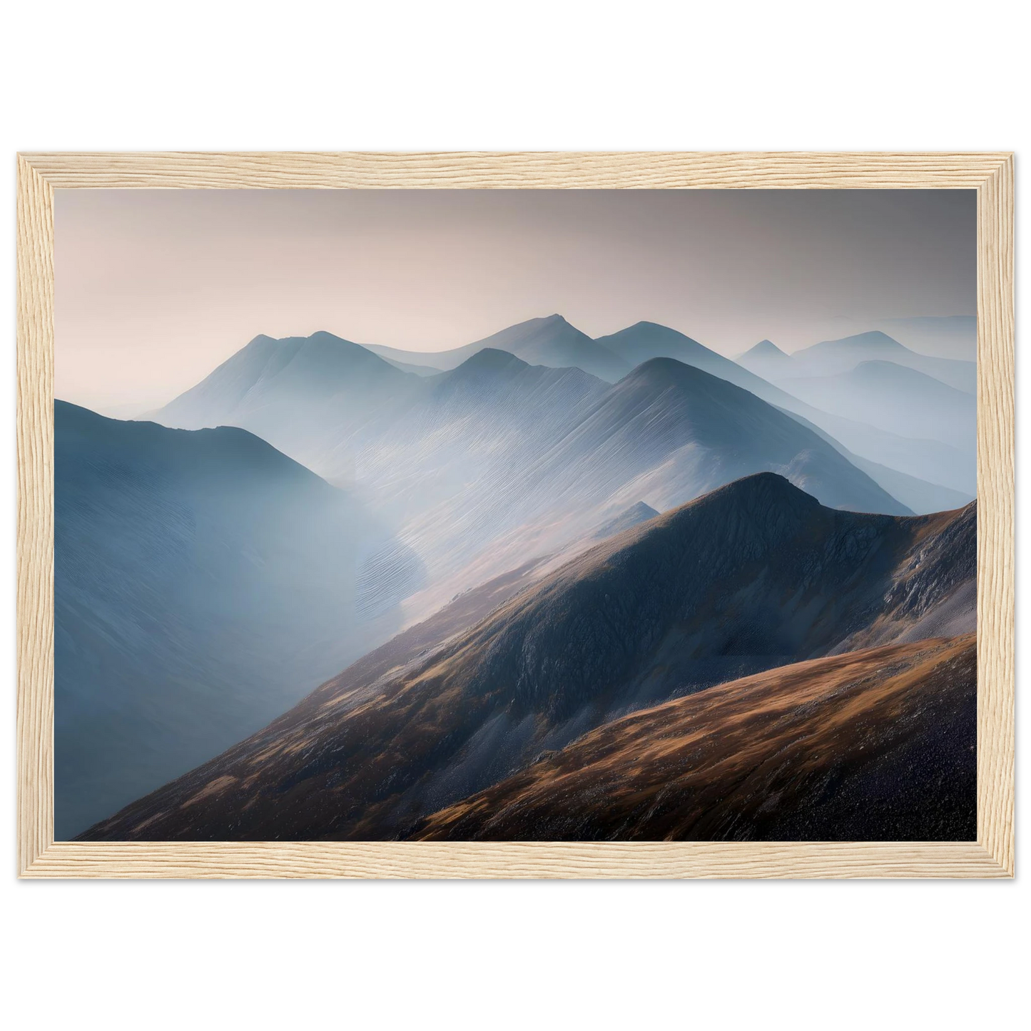 Scottish ridges in mist, art print in a pale natural wood frame with a mount