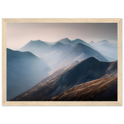 Scottish ridges in mist, art print in a pale natural wood frame with a mount