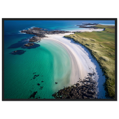 Aerial view of a white sand bay and green machair, framed in dark grey