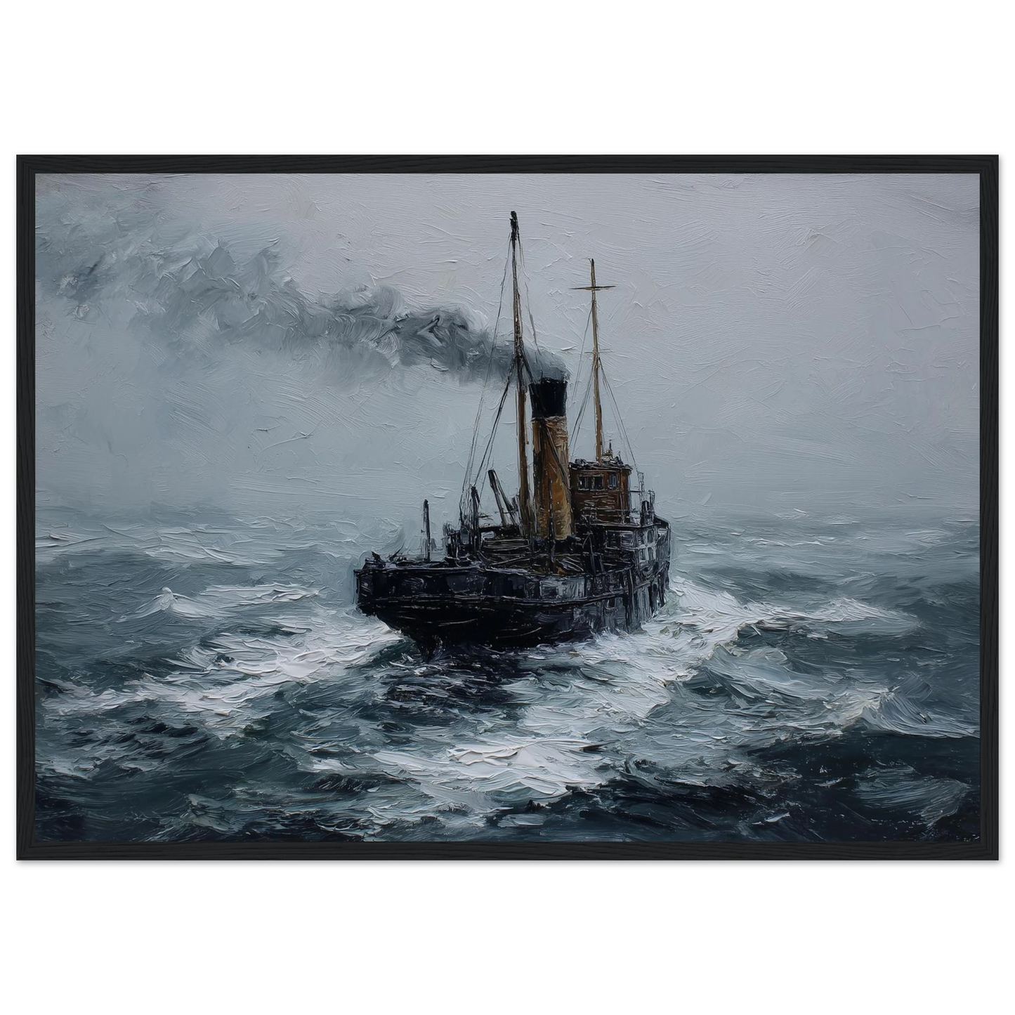Clyde puffer in heavy swell, print in a dark grey frame