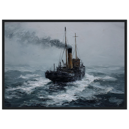 Clyde puffer in heavy swell, print in a dark grey frame