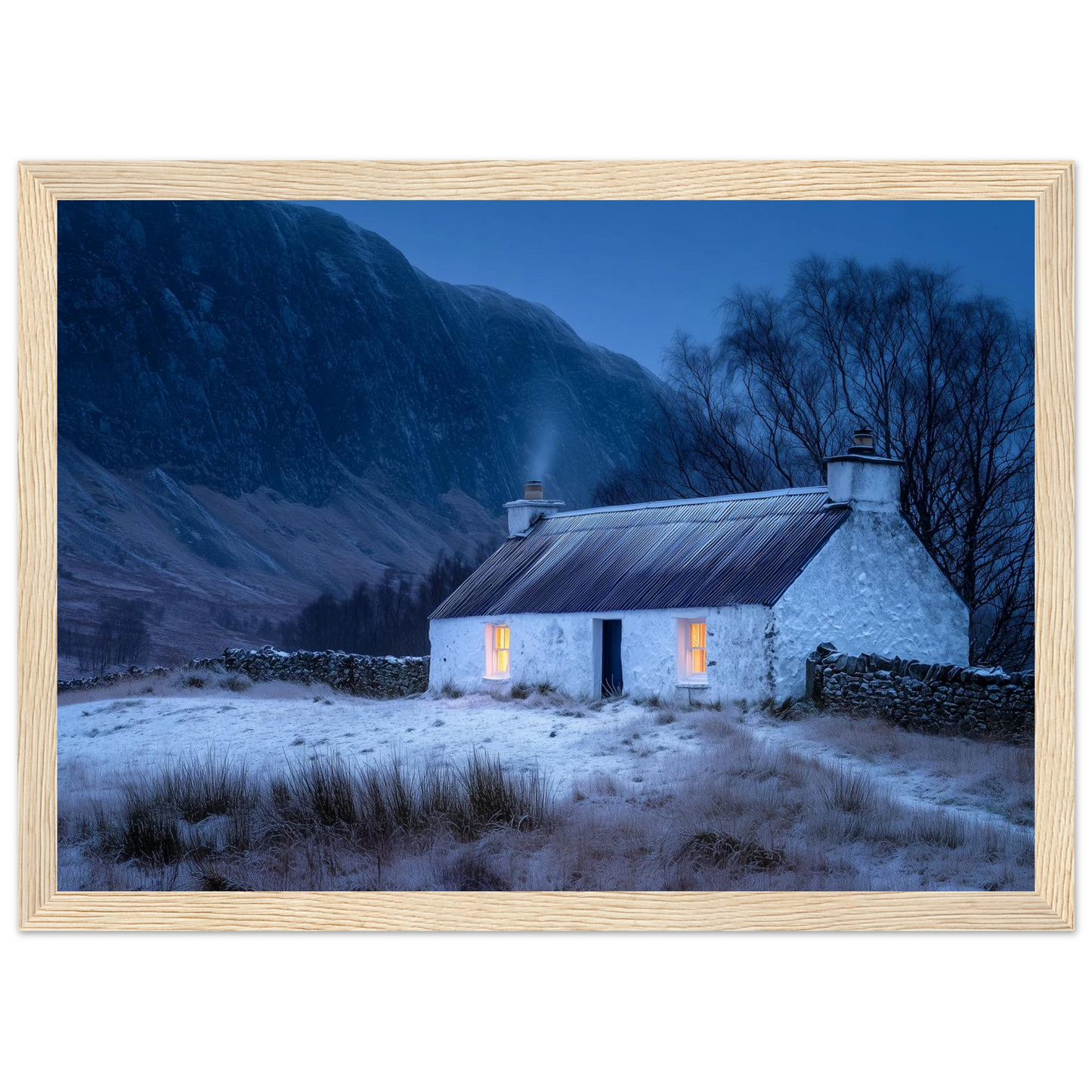 Winter croft and snow-dusted mountain, poster in a light oak frame