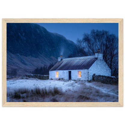 Winter croft and snow-dusted mountain, poster in a light oak frame
